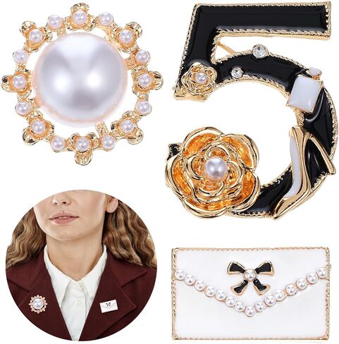 3 قطع عدد خمسة بروش المشاهير مصمم المجوهرات بروش دبابيس فو تقليد اللؤلؤ الأبيض الأسود الزهور محظوظ عدد خمسة دبابيس دبوس هدية خمر حجر الراين كريستال دبابيس دبوس لحفل الزفاف in Kuwait