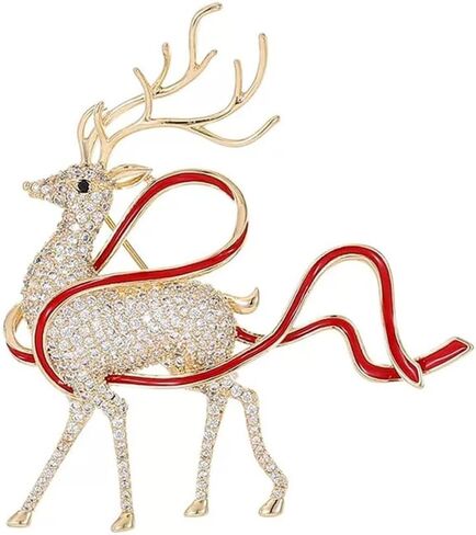 Rhinestone Deer Xmas Brooch Pin for Women Girls Gold Tone Fashion Red Ribbon Crystal Elk Brooches Lapel Pins Cute Christmas Holiday Festival Decoration Suit Dress Accessories Jewelry Gift in Saudi Arabia