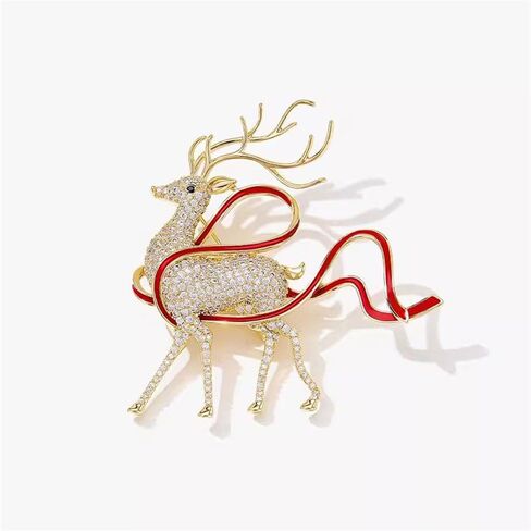 Rhinestone Deer Xmas Brooch Pin for Women Girls Gold Tone Fashion Red Ribbon Crystal Elk Brooches Lapel Pins Cute Christmas Holiday Festival Decoration Suit Dress Accessories Jewelry Gift in Saudi Arabia