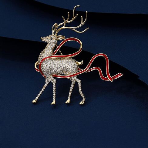 Rhinestone Deer Xmas Brooch Pin for Women Girls Gold Tone Fashion Red Ribbon Crystal Elk Brooches Lapel Pins Cute Christmas Holiday Festival Decoration Suit Dress Accessories Jewelry Gift in Saudi Arabia