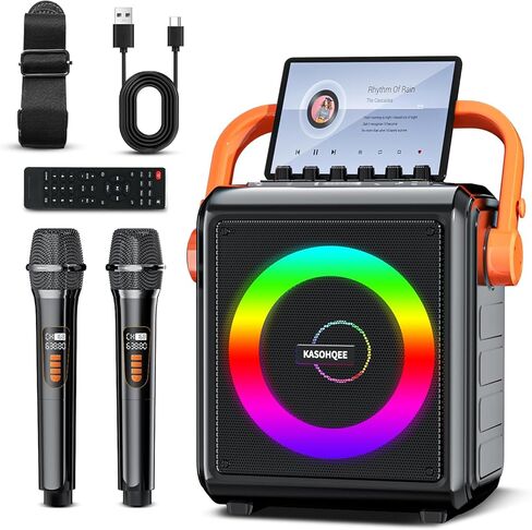 جهاز كاريوكي، مكبر صوت بلوتوث محمول 8000 مللي أمبير في الساعة مع 2 ميكروفونات لاسلكية للبالغين والأطفال، مجموعة سماعات ميكروفون مع أضواء، يدعم بطاقة TF/USB، مدخل AUX، FM، REC in Kuwait