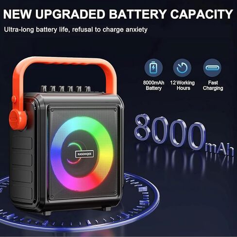 جهاز كاريوكي، مكبر صوت بلوتوث محمول 8000 مللي أمبير في الساعة مع 2 ميكروفونات لاسلكية للبالغين والأطفال، مجموعة سماعات ميكروفون مع أضواء، يدعم بطاقة TF/USB، مدخل AUX، FM، REC in Kuwait
