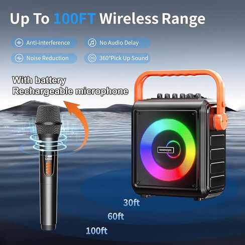 جهاز كاريوكي، مكبر صوت بلوتوث محمول 8000 مللي أمبير في الساعة مع 2 ميكروفونات لاسلكية للبالغين والأطفال، مجموعة سماعات ميكروفون مع أضواء، يدعم بطاقة TF/USB، مدخل AUX، FM، REC in Kuwait
