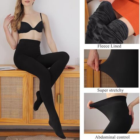 جوارب طويلة غير شفافة مبطنة بالصوف للنساء من YAGAXI - زوجان من جوارب طويلة شتوية دافئة 200D مع جزء علوي للتحكم in Kuwait