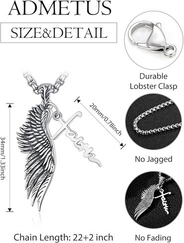 ADMETUS Angel Wing Necklaces 925 Sterling Silver Guardian Angel Single Wing Pendant Jewelry for Men with 22"+2" Rolo Chain in Kuwait