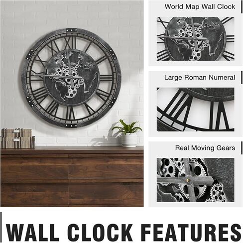 ساعة تروس كبيرة من ميكاسو مقاس 32 بوصة مع خريطة العالم، ساعة حائط ذات تروس متحركة حقيقية بنية كبيرة الحجم، إطار خشبي عتيق غير موقوت يعمل بالبطارية ساعة ميكانيكية صامتة للمكتب وغرفة المعيشة والمطبخ in Kuwait