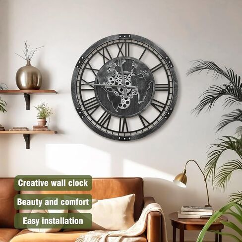 ساعة تروس كبيرة من ميكاسو مقاس 32 بوصة مع خريطة العالم، ساعة حائط ذات تروس متحركة حقيقية بنية كبيرة الحجم، إطار خشبي عتيق غير موقوت يعمل بالبطارية ساعة ميكانيكية صامتة للمكتب وغرفة المعيشة والمطبخ in Kuwait