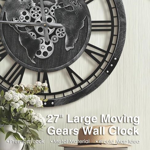 ساعة تروس كبيرة من ميكاسو مقاس 32 بوصة مع خريطة العالم، ساعة حائط ذات تروس متحركة حقيقية بنية كبيرة الحجم، إطار خشبي عتيق غير موقوت يعمل بالبطارية ساعة ميكانيكية صامتة للمكتب وغرفة المعيشة والمطبخ in Kuwait