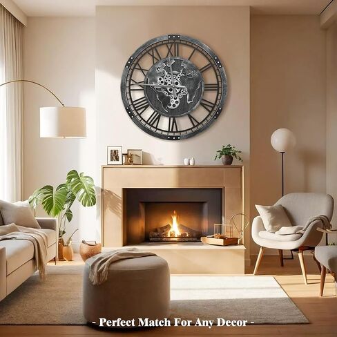 ساعة تروس كبيرة من ميكاسو مقاس 32 بوصة مع خريطة العالم، ساعة حائط ذات تروس متحركة حقيقية بنية كبيرة الحجم، إطار خشبي عتيق غير موقوت يعمل بالبطارية ساعة ميكانيكية صامتة للمكتب وغرفة المعيشة والمطبخ in Kuwait