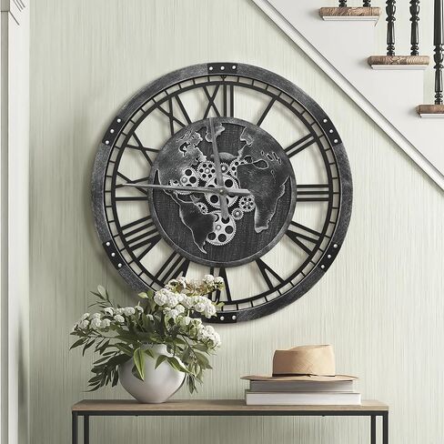 ساعة تروس كبيرة من ميكاسو مقاس 32 بوصة مع خريطة العالم، ساعة حائط ذات تروس متحركة حقيقية بنية كبيرة الحجم، إطار خشبي عتيق غير موقوت يعمل بالبطارية ساعة ميكانيكية صامتة للمكتب وغرفة المعيشة والمطبخ in Kuwait