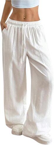 SOLY HUX Women's Summer Wide Leg Flowy Beach Pants Drawstring Waist Loose Palazzo Trousers with Pocket in Kuwait