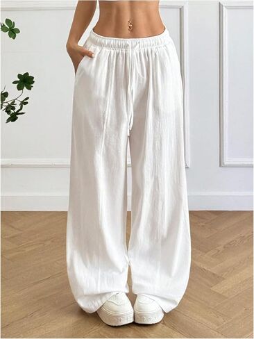 SOLY HUX Women's Summer Wide Leg Flowy Beach Pants Drawstring Waist Loose Palazzo Trousers with Pocket in Kuwait