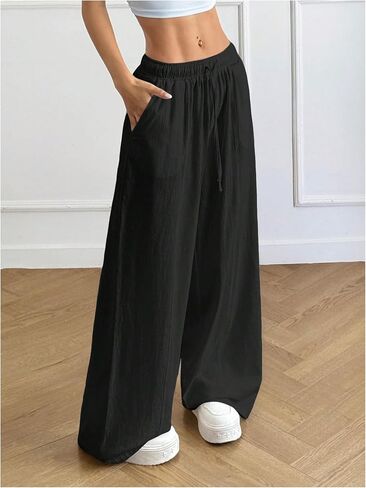 SOLY HUX Women's Summer Wide Leg Flowy Beach Pants Drawstring Waist Loose Palazzo Trousers with Pocket in Kuwait