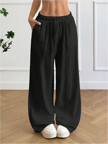SOLY HUX Women's Summer Wide Leg Flowy Beach Pants Drawstring Waist Loose Palazzo Trousers with Pocket in Kuwait