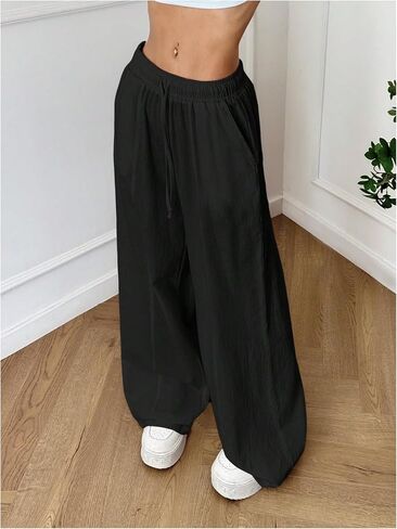 SOLY HUX Women's Summer Wide Leg Flowy Beach Pants Drawstring Waist Loose Palazzo Trousers with Pocket in Kuwait