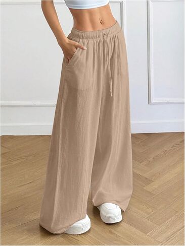 SOLY HUX Women's Summer Wide Leg Flowy Beach Pants Drawstring Waist Loose Palazzo Trousers with Pocket in Kuwait