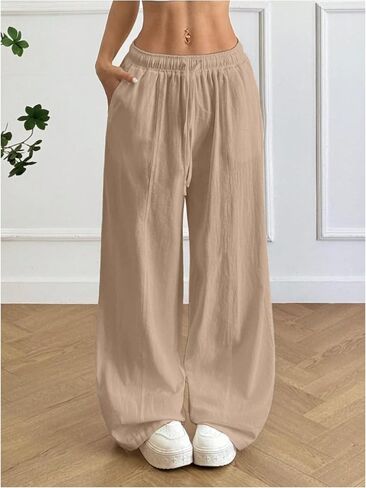 SOLY HUX Women's Summer Wide Leg Flowy Beach Pants Drawstring Waist Loose Palazzo Trousers with Pocket in Kuwait