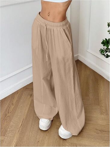 SOLY HUX Women's Summer Wide Leg Flowy Beach Pants Drawstring Waist Loose Palazzo Trousers with Pocket in Kuwait