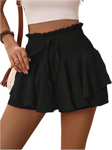 Women's Flowy High Rise Ruffle Layered Shorts Drawstring Waist Shirred Boho Vacation Shorts in Saudi Arabia