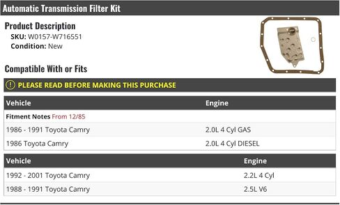 Automatic Transmission Filter Kit - Compatible with 1986-2001 Toyota Camry (From 12/1985) in Saudi Arabia