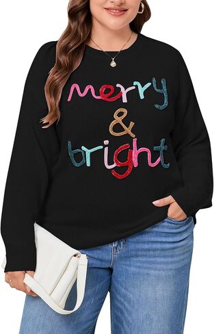 Alsol Lamesa Women's Plus Size Christmas Sweater Merry and Bright Long Sleeve Crewneck Loose Pullover Tops XL-5XL in Kuwait