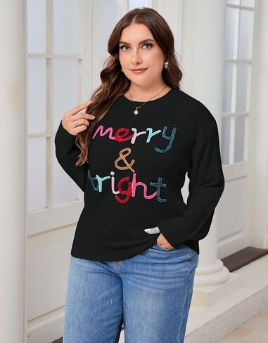 Alsol Lamesa Women's Plus Size Christmas Sweater Merry and Bright Long Sleeve Crewneck Loose Pullover Tops XL-5XL in Kuwait