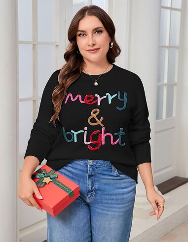 Alsol Lamesa Women's Plus Size Christmas Sweater Merry and Bright Long Sleeve Crewneck Loose Pullover Tops XL-5XL in Kuwait