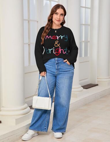 Alsol Lamesa Women's Plus Size Christmas Sweater Merry and Bright Long Sleeve Crewneck Loose Pullover Tops XL-5XL in Kuwait
