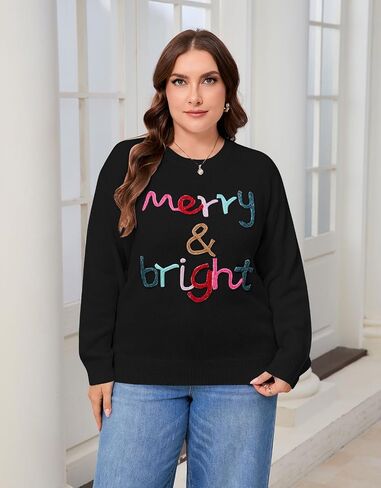 Alsol Lamesa Women's Plus Size Christmas Sweater Merry and Bright Long Sleeve Crewneck Loose Pullover Tops XL-5XL in Kuwait