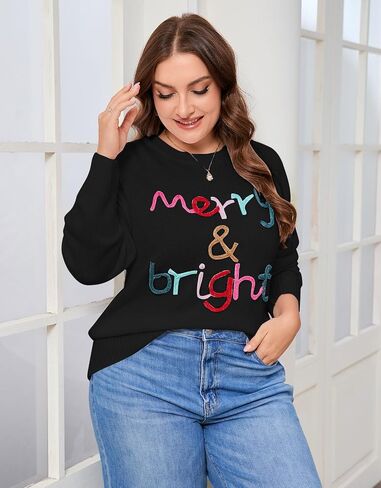 Alsol Lamesa Women's Plus Size Christmas Sweater Merry and Bright Long Sleeve Crewneck Loose Pullover Tops XL-5XL in Kuwait
