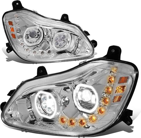 مصابيح أمامية لجهاز العرض هالو DRL من Auto Dynasty مع إشارة انعطاف تسلسلية LED متوافقة مع Kenworth T680 2013-2021، جانب السائق والراكب، غطاء من الكروم in Kuwait