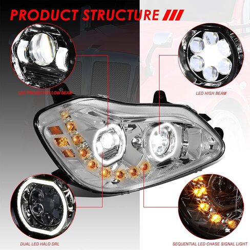 مصابيح أمامية لجهاز العرض هالو DRL من Auto Dynasty مع إشارة انعطاف تسلسلية LED متوافقة مع Kenworth T680 2013-2021، جانب السائق والراكب، غطاء من الكروم in Kuwait