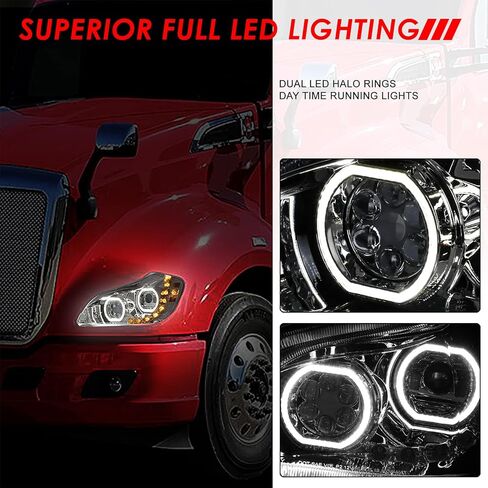 مصابيح أمامية لجهاز العرض هالو DRL من Auto Dynasty مع إشارة انعطاف تسلسلية LED متوافقة مع Kenworth T680 2013-2021، جانب السائق والراكب، غطاء من الكروم in Kuwait