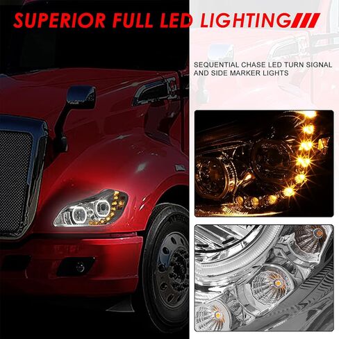 مصابيح أمامية لجهاز العرض هالو DRL من Auto Dynasty مع إشارة انعطاف تسلسلية LED متوافقة مع Kenworth T680 2013-2021، جانب السائق والراكب، غطاء من الكروم in Kuwait