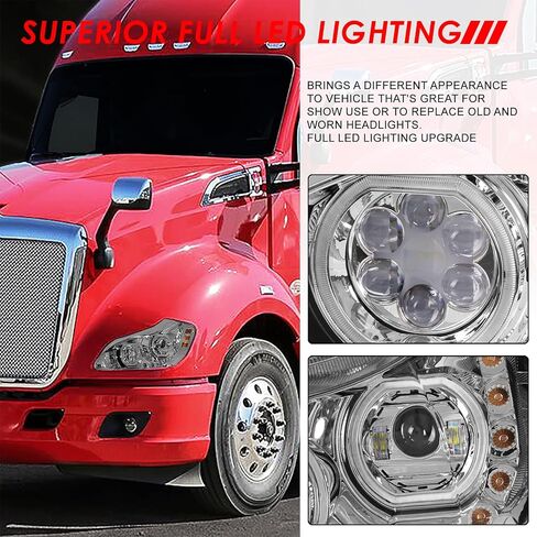 مصابيح أمامية لجهاز العرض هالو DRL من Auto Dynasty مع إشارة انعطاف تسلسلية LED متوافقة مع Kenworth T680 2013-2021، جانب السائق والراكب، غطاء من الكروم in Kuwait