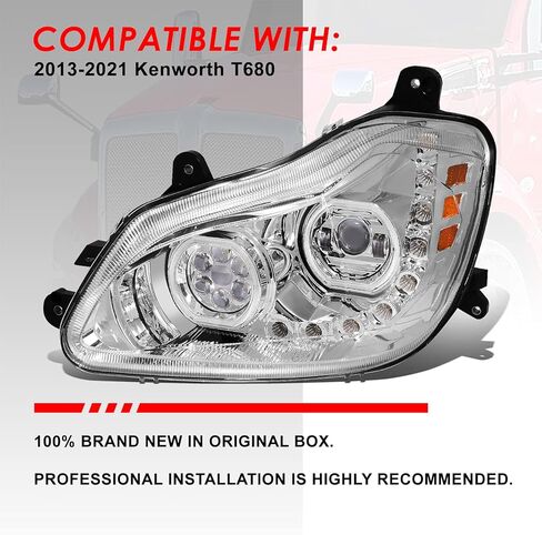 مصابيح أمامية لجهاز العرض هالو DRL من Auto Dynasty مع إشارة انعطاف تسلسلية LED متوافقة مع Kenworth T680 2013-2021، جانب السائق والراكب، غطاء من الكروم in Kuwait