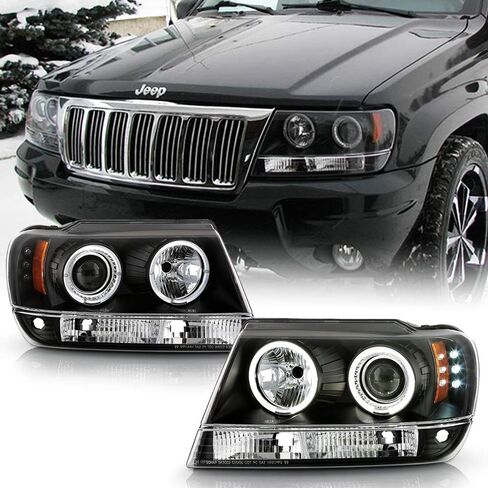 ACANII-For 1999-2004 Jeep Grand Cherokee LED Halo Ring أسود الإسكان المصابيح الأمامية لجهاز العرض المصابيح الأمامية والسائق والركاب in Saudi Arabia