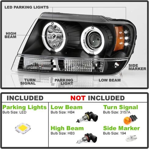 ACANII-For 1999-2004 Jeep Grand Cherokee LED Halo Ring أسود الإسكان المصابيح الأمامية لجهاز العرض المصابيح الأمامية والسائق والركاب in Saudi Arabia