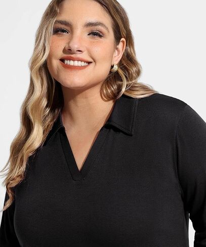 TIYOMI حجم كبير قمصان بولو نسائية كم طويل بياقة بلايز الأعمال عادية الخامس الرقبة فضفاضة تناسب تي شيرت العمل بلوزة 1X-5X in Kuwait