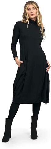 ALEMBIKA Women's Long Sleeve Turtleneck Midi Dress, A-Line Style, Black in Saudi Arabia