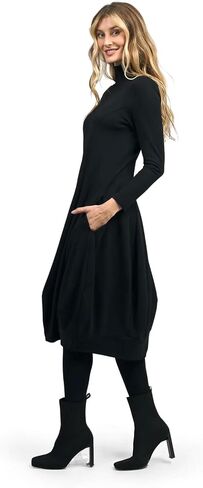 ALEMBIKA Women's Long Sleeve Turtleneck Midi Dress, A-Line Style, Black in Saudi Arabia