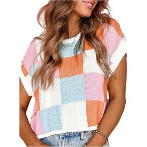 Verdusa Women's Colorblock Plaid Cozy Sweaters Vest Cap Sleeve Lightweight Pullover Knit Tops in Saudi Arabia