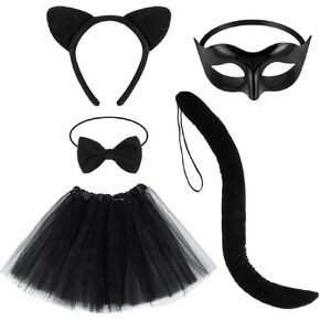 Beaupretty Black Cat Costume for Women, Cat Costume Accessories Cat Ear Headband Tail Cosplay Tutu Skirt Bow Tie Half Mask Black Animal Halloween Accessory Kit for Women Girls in Kuwait