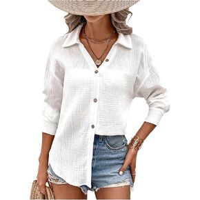 SHENHE Women's Button Down Tunic Shirt Long Sleeve Split Hem Beach Vacation Travel Blouse in Saudi Arabia