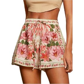 Women's Boho Floral Print Shorts Drawstring High Waisted Wide Leg Beach Vacation Shorts in Kuwait