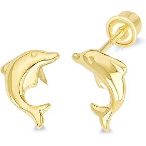 Wellingsale 14K الذهب الأصفر المصقول دولفين أقراط مع المسمار الخلفي in Kuwait