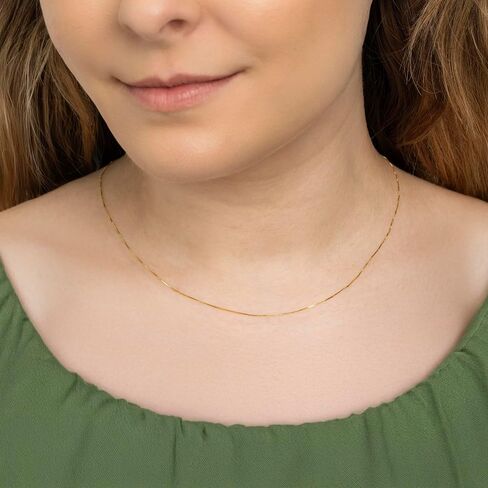Amberta Real Italian Yellow 14K Gold Necklaces for Women Men | Super Thin Dainty & Sturdy Box Curb Singapore Solid Chain Delicate Choker 16/18/20 inch in Saudi Arabia