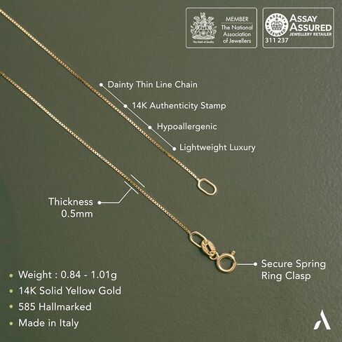 Amberta Real Italian Yellow 14K Gold Necklaces for Women Men | Super Thin Dainty & Sturdy Box Curb Singapore Solid Chain Delicate Choker 16/18/20 inch in Saudi Arabia
