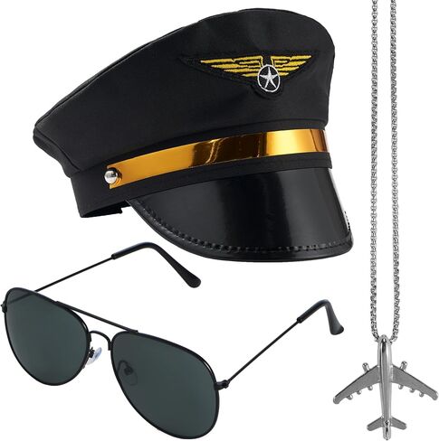 Spooktacular Creations 3 Pcs Pilot Caption Accessory Set, Halloween Airplane Costume Accessory with Hat Necklace glasses for Men Women Captains Navy costume Halloween Dressing up Party in Saudi Arabia