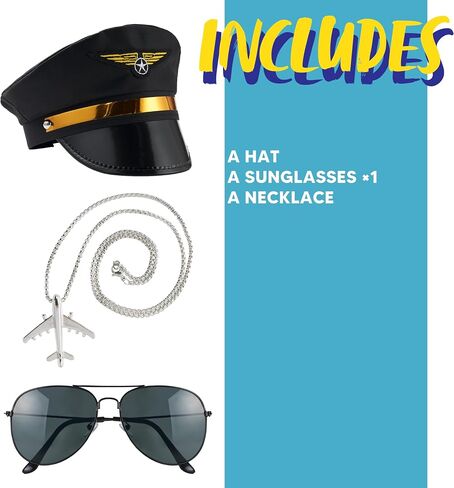Spooktacular Creations 3 Pcs Pilot Caption Accessory Set, Halloween Airplane Costume Accessory with Hat Necklace glasses for Men Women Captains Navy costume Halloween Dressing up Party in Saudi Arabia
